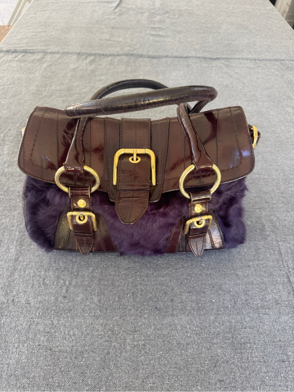 Rare 2005 Dolce & Gabbana Eel Skin Purple Fur Shoulder Bag Y2K